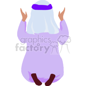The clipart image depicts a person in a kneeling position with their hands raised in the attitude of Islamic prayer. The individual appears to be wearing traditional Muslim attire, including a white head covering and a purple garment.