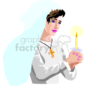 The image is a clipart illustration of a person dressed in religious attire holding a candle. The person appears to be engaged in prayer or a religious ceremony. They are wearing what looks to be a veil or head covering and a cross necklace, which often signifies Christian religious devotion.