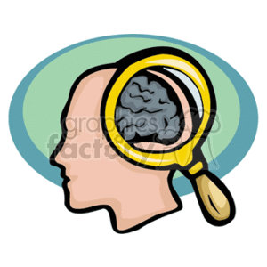 This clipart image depicts a stylized side profile of a human head with a magnifying glass focusing on the brain, emphasizing the importance of brain studies or the concept of analyzing human thought processes. The background features a soft blue halo effect, which might be representing cognitive or intellectual enlightenment.