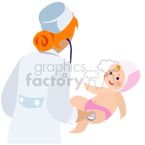 The clipart image displays a healthcare professional, possibly a doctor or a nurse, attending to a baby. The medical professional is wearing a white coat, has a stethoscope around their neck, and is sporting a head covering, suggesting a sanitary medical environment. The baby appears content and is lying on a surface, possibly a medical examination table.