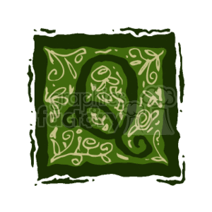 The clipart image depicts a stylized letter Q with calligraphy or decorative flourishes and is enclosed within a rough box or border. The letter is designed with organic, vine-like patterns and swirls, giving it an artistic and ornate appearance.