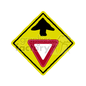 The image is of a yellow diamond-shaped road sign with a black border, featuring an illustration of an arrow pointing upwards and a red-bordered, white yield sign (an inverted triangle) in the center.