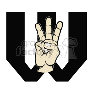 The image displays a hand gesture representing a letter from the sign language alphabet. The hand is depicted with the thumb, index, and middle fingers extended upward while the ring and little fingers are curved downward against the palm, which is a common representation for the letter W in American Sign Language (ASL).