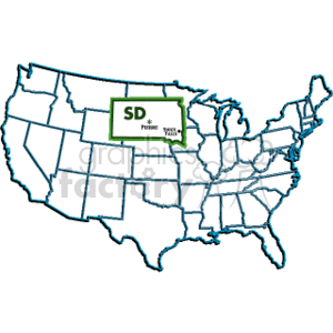 The clipart image shows a simple outline of the United States of America map with the state borders marked. The state of South Dakota is highlighted and labeled with its postal abbreviation SD. Additionally, PIERRE, likely indicating the capital of South Dakota, is written inside the highlight.