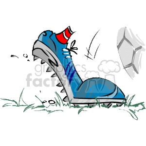 The clipart image depicts a cartoon-style soccer cleat kicking a soccer ball. The cleat is blue with white and purple accents, and it's shown in a dynamic action, suggesting a powerful kick or step. Grass blades are visible around the cleat, indicating the action is taking place on a soccer field.