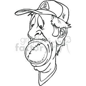 The clipart image depicts a humorous and exaggerated portrayal of a man, possibly a coach or a baseball fan, with a large baseball stuck in his mouth, suggesting the notion of being silenced or unable to speak. He is wearing a cap which is often associated with a baseball uniform, and his facial expression indicates discomfort or surprise.