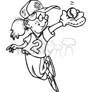 The clipart image depicts a female cartoon character. She appears to be playing baseball or softball. The girl, with a smiling face and wearing glasses, is depicted in a dynamic pose, reaching out to catch a flying ball with her gloved hand. She is dressed in a uniform marked with the number 2, wearing a cap, and her hair is in pigtails.