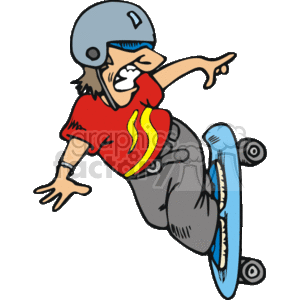 The clipart image features a cartoon of a skateboarder in action. The skateboarder, who appears to be performing a trick, is represented with a humorous style, depicting exaggerated facial expressions and motion lines for dynamism. They are wearing a helmet, a red shirt with a flame design, grey pants, and are on a blue skateboard.