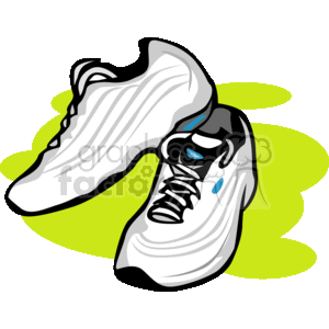 This clipart image features a pair of stylized running sneakers. The shoes are white with black accents and a hint of blue. They are depicted against a green abstract shape in the background.