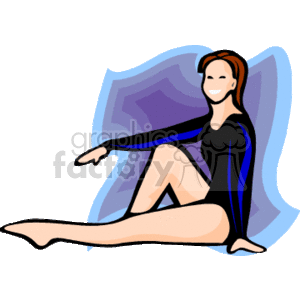 In this clipart image, there is a stylized representation of a woman who appears to be engaging in physical exercise or stretching. She is wearing a full-body workout outfit, which suggests that she may be participating in activities like gymnastics, aerobics, or a fitness routine. The woman is seated on the ground, with one leg extended and one bent, and she is facing slightly towards the viewer with a smile.