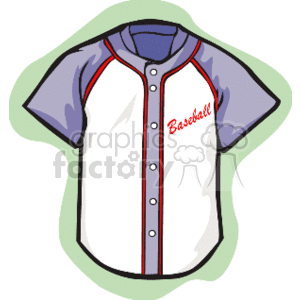 The image displays a stylized illustration of a baseball jersey. The jersey appears to have short sleeves, with a button-up front and a red trim along the button line. The word Baseball is scripted across the left side in red.