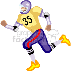 This clipart image displays a stylized football player in action. The player is wearing a helmet, a jersey with the number 35, shoulder pads, football pants with a protective hip pad, striped socks, and cleats. The player appears to be running or in motion with a football tucked under one arm.