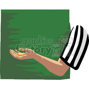 This clipart image depicts an outstretched arm of a person wearing a black and white striped shirt, which is typically associated with a football referee. The referee is holding a gold coin on their open palm, seemingly in the act of flipping it. The background is mostly green with some indistinct shapes, possibly suggesting a grassy area like a football field.