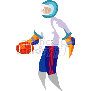 The clipart image features a stylized illustration of a football player. The player is depicted in a dynamic pose with one arm extended, holding a football. They are wearing a football helmet, shoulder pads, gloves, a jersey, pants with a stripe design, and cleats.