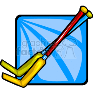 The image depicts two crossed ice hockey sticks. The background is abstract, with blue geometric shapes that could suggest an icy or sports-related theme.