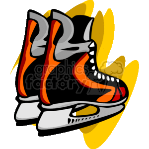 The clipart image shows a pair of ice hockey skates, illustrated in a stylized manner. The skates are predominantly black with orange and grey accents. They feature the typical design of hockey skates with laces up the front and a blade at the bottom for gliding on the ice. The background consists of abstract yellow shapes, possibly representing motion or speed.