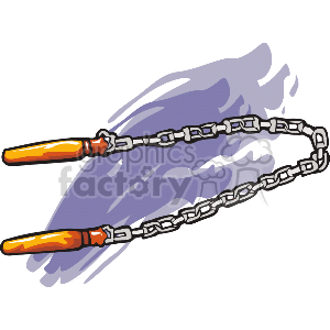 The image depicts a nunchaku, which is a traditional martial arts weapon consisting of two sticks connected by a chain. It's often associated with various styles of martial arts, like karate, and has become a popular cultural symbol of martial arts expertise.