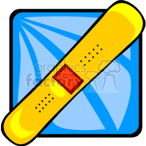 The image features a bright yellow snowboard with a red square in the center and black details, which could represent the bindings or stomp pad, against a stylized icy blue background. The image is a clipart representation of a snowboard, typically used in winter sports and recreational snowboarding.