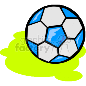 The clipart image features a traditional black and white soccer ball with a slight blue shading, which gives the impression of dimension and reflective lighting. The ball is positioned on top of a stylized green splash or blot, suggesting motion or impact, such as the soccer ball having just been kicked or bouncing on the green surface.