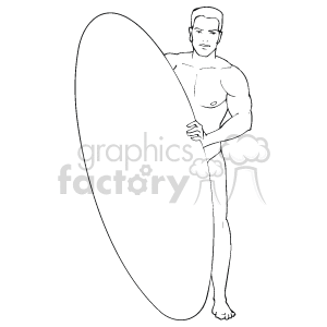 The clipart image shows a surfer standing with a surfboard. The surfer appears ready to go surfing, holding a large surfboard vertically, suggesting preparation for water sports.