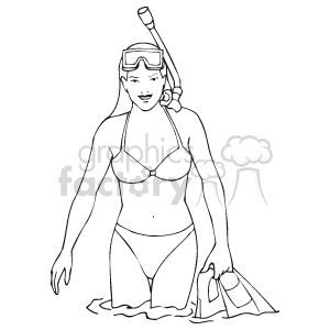 The clipart image depicts a female figure wearing a bikini, along with snorkeling gear which includes a snorkel tube and swimming goggles. She appears to be standing and holding a flipper in her hand, suggesting she is either preparing to go snorkeling or has just finished.
