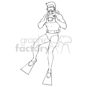 The image is a black and white clipart of a scuba diver. The diver is equipped with fins, a dive mask, and a scuba tank, which are essential gear for underwater exploration. The diver's posture suggests they are swimming or floating in water.