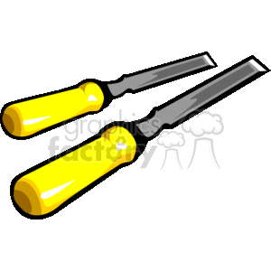 The image features two chisels with yellow handles and polished steel blades. These are tools commonly used in woodworking, masonry, and metalwork for carving, shaping, and cutting materials.