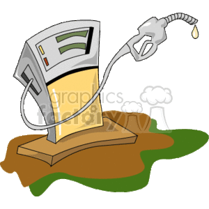 The clipart image features a fuel pump with a nozzle and a hose. The pump has a digital display, and the base appears to be on a pedestal. There is a visible drip of fuel coming from the nozzle, indicating fuel leakage. The fuel pump is shown standing in a puddle, suggesting a spill.