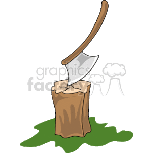 The clipart image depicts an axe embedded into a tree stump, which appears to be set on a patch of grass.
