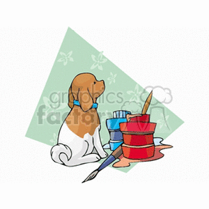 Small dog sitting by some paint brushes