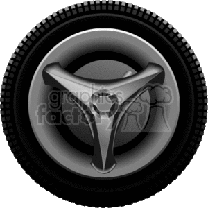 The clipart image depicts a car wheel, which consists of a tire mounted on a rim. The tire appears to have a tread pattern on its surface, which is typical for vehicle tires to provide traction. The rim features a sleek, modern design with a three-spoke pattern and a central hub.