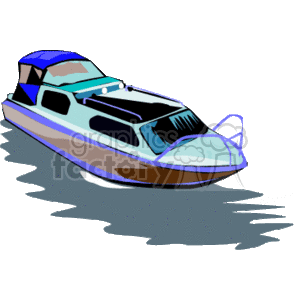 The image is a clipart of a blue and white boat with brown accents, floating on water. The boat appears to be a speedboat or a leisure motorboat designed for personal use.