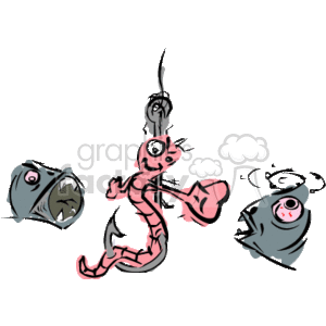 This clipart image features a humorous representation of the astrological sign Pisces. There are two fish, one looking frightened and the other appearing dizzy or confused, connected by a string to a hook. The fish towards the top left side looks like it has just bitten the hook and is being caught, while the other, towards the bottom right, hangs from the line. The image creatively plays on the symbol of Pisces, which is traditionally depicted by two fish swimming in opposite directions.