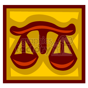 The clipart image shows a stylized representation of the Libra zodiac symbol, which consists of a pair of balanced scales. The image features a central scale motif in red and brown tones against a yellow and gold decorative background.