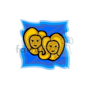 The clipart image depicts the Gemini sign of the zodiac, represented by a stylized illustration of two identical human faces or heads that appear conjoined or closely connected, symbolizing the twins. The figures are set against a blue backdrop with dynamic, abstract shapes suggesting movement or energy.