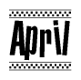 The image is a black and white clipart of the text April in a bold, italicized font. The text is bordered by a dotted line on the top and bottom, and there are checkered flags positioned at both ends of the text, usually associated with racing or finishing lines.