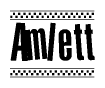 The image is a black and white clipart of the text Amlett in a bold, italicized font. The text is bordered by a dotted line on the top and bottom, and there are checkered flags positioned at both ends of the text, usually associated with racing or finishing lines.