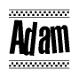 The image is a black and white clipart of the text Adam in a bold, italicized font. The text is bordered by a dotted line on the top and bottom, and there are checkered flags positioned at both ends of the text, usually associated with racing or finishing lines.