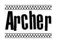 The image is a black and white clipart of the text Archer in a bold, italicized font. The text is bordered by a dotted line on the top and bottom, and there are checkered flags positioned at both ends of the text, usually associated with racing or finishing lines.