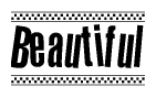 The clipart image displays the text Beautiful in a bold, stylized font. It is enclosed in a rectangular border with a checkerboard pattern running below and above the text, similar to a finish line in racing. 