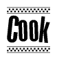 The image contains the text Cook in a bold, stylized font, with a checkered flag pattern bordering the top and bottom of the text.