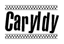 The image is a black and white clipart of the text Caryldy in a bold, italicized font. The text is bordered by a dotted line on the top and bottom, and there are checkered flags positioned at both ends of the text, usually associated with racing or finishing lines.