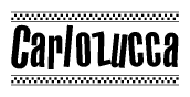 The image is a black and white clipart of the text Carlozucca in a bold, italicized font. The text is bordered by a dotted line on the top and bottom, and there are checkered flags positioned at both ends of the text, usually associated with racing or finishing lines.
