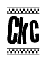 The image is a black and white clipart of the text Ckc in a bold, italicized font. The text is bordered by a dotted line on the top and bottom, and there are checkered flags positioned at both ends of the text, usually associated with racing or finishing lines.
