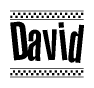 The clipart image displays the text David in a bold, stylized font. It is enclosed in a rectangular border with a checkerboard pattern running below and above the text, similar to a finish line in racing. 