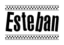 The image is a black and white clipart of the text Esteban in a bold, italicized font. The text is bordered by a dotted line on the top and bottom, and there are checkered flags positioned at both ends of the text, usually associated with racing or finishing lines.