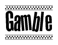 The image is a black and white clipart of the text Gamble in a bold, italicized font. The text is bordered by a dotted line on the top and bottom, and there are checkered flags positioned at both ends of the text, usually associated with racing or finishing lines.