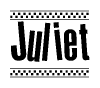 The image is a black and white clipart of the text Juliet in a bold, italicized font. The text is bordered by a dotted line on the top and bottom, and there are checkered flags positioned at both ends of the text, usually associated with racing or finishing lines.