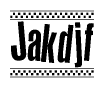 The image is a black and white clipart of the text Jakdjf in a bold, italicized font. The text is bordered by a dotted line on the top and bottom, and there are checkered flags positioned at both ends of the text, usually associated with racing or finishing lines.
