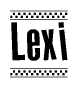The image contains the text Lexi in a bold, stylized font, with a checkered flag pattern bordering the top and bottom of the text.